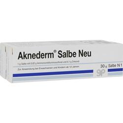 Weiße Schachtel mit der Aufschrift Aknederm Salbe Neu gegen Akne.