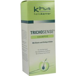 Grüne Shampoo-Verpackung mit der Aufschrift "Trichosense" und Inhaltsstoffen.